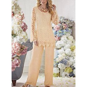 Two Piece Pantsuit / Jumpsuit Mother of the Bride Dress Plus Size Scoop Neck Ankle Length Chiffon Lace Long Sleeve with Lace 2021