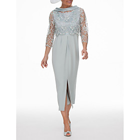 Two Piece Sheath / Column Mother of the Bride Dress Wrap Included Jewel Neck Ankle Length Chiffon Lace 3/4 Length Sleeve with Appliques Split Front 2021