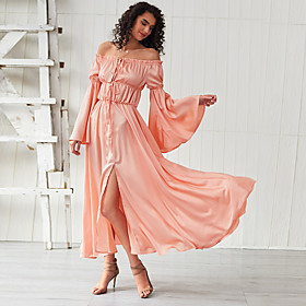 Women's Swing Dress Maxi long Dress Blushing Pink Long Sleeve Solid Color Split Summer Off Shoulder Elegant 2021 XS S M L