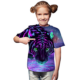 Kids Toddler Girls' T shirt Tee Short Sleeve Tiger Print Geometric 3D Animal Print Purple Children Tops Active Basic