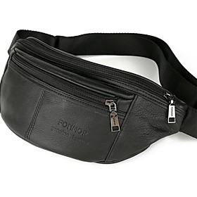 Men's Bags Nappa Leather Cowhide Fanny Pack Zipper Solid Color Daily Bum Bag MessengerBag Black