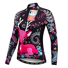 21Grams Floral Botanical Deer Women's Long Sleeve Cycling Jersey - Fuchsia Bike Jersey Top UV Resistant Quick Dry Moisture Wicking Sports Winter Elastane Teryl