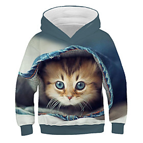 Sweat à capuche Unisexe Garçon Fille Enfants Manches Longues 3D effet Chat Animal Vert Enfants Hauts Actif Vêtement de rue du quotidien Intérieur