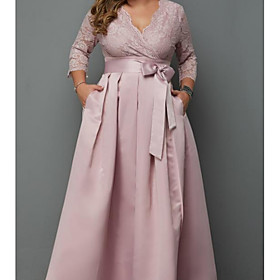 A-Line Mother of the Bride Dress See Through V Neck Floor Length Lace Stretch Satin 3/4 Length Sleeve with Sash / Ribbon Pattern / Print 2021