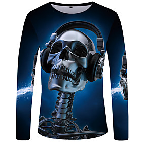 Men's Tunic Graphic 3D Skull Plus Size Pleated Print Long Sleeve Daily Tops Streetwear Exaggerated Royal Blue