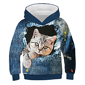 Kids Girls' Hoodie  Sweatshirt Long Sleeve Cat Print 3D Animal Print Blue Children Tops Active Streetwear