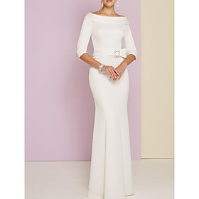 Sheath / Column Mother of the Bride Dress Plus Size Vintage Bateau Neck Floor Length Charmeuse Half Sleeve with Sash / Ribbon 2021
