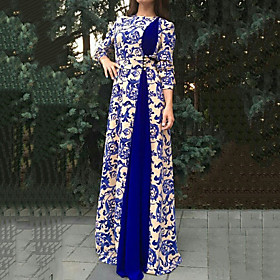 Women's Maxi long Dress Black Blue Red Brown 3/4 Length Sleeve Paisley Patchwork Print Fall Winter Round Neck Hot Elegant S M L XL XXL 3XL 4XL 5XL / Plus Size