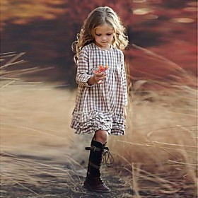 Kids Little Girls' Dress Houndstooth Print Beige Knee-length Long Sleeve Dresses