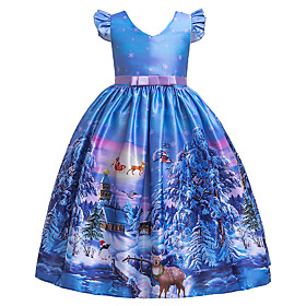 Kids Little Girls' Dress Snowflake Christmas Print Blue Midi Short Sleeve Active Sweet Dresses Christmas Slim