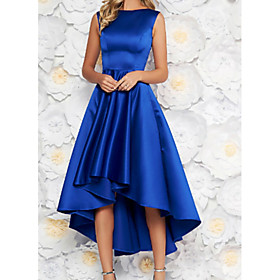 A-Line Elegant Prom Dress Jewel Neck Sleeveless Asymmetrical Satin with Pleats 2021