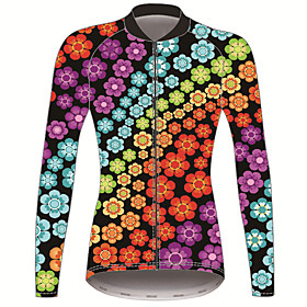 21Grams Floral Botanical Women's Long Sleeve Cycling Jersey - RedBlue Bike Jersey Top Thermal Warm UV Resistant Anatomic Design Sports Winter Fleece 100% Polye