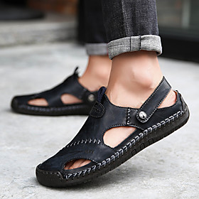 Men's Slippers  Flip-Flops Classic British Daily Outdoor Walking Shoes Leather Breathable Wear Proof Light Brown Dark Brown Black Summer
