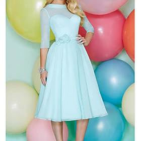 A-Line Jewel Neck Knee Length Tulle Bridesmaid Dress with Pleats / Appliques