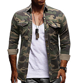 Men's Shirt Camo / Camouflage Long Sleeve Street Tops Denim Basic Elegant Casual / Daily Button Down Collar Army Green