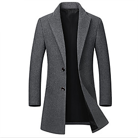 Men's Coat Solid Colored Basic Fall Winter Overcoat Notch lapel collar Long Coat Daily Long Sleeve Jacket Wine / Wool / Slim