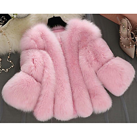 Women's Fur Coat Solid Colored Pleated Streetwear Fall Winter Short Coat Going out Long Sleeve Jacket Blushing Pink