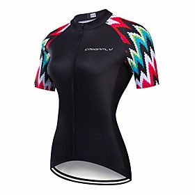 CAWANFLY Women's Short Sleeve Cycling Jersey Black Geometic Bike Jersey Top Mountain Bike MTB Road Bike Cycling Breathable Quick Dry Back Pocket Sports Clothin