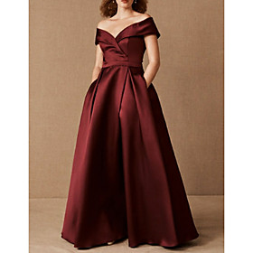 A-Line Plus Size Prom Formal Evening Dress Off Shoulder Short Sleeve Floor Length Satin with Pleats Ruched 2021