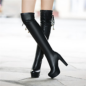 Women's Boots Stiletto Heel Boots Pumps Round Toe Over The Knee Boots Thigh High Boots Classic Party  Evening PU Bowknot Solid Colored White Black