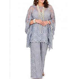 Pantsuit / Jumpsuit Mother of the Bride Dress Plus Size Jewel Neck Floor Length Chiffon Long Sleeve with Lace 2021