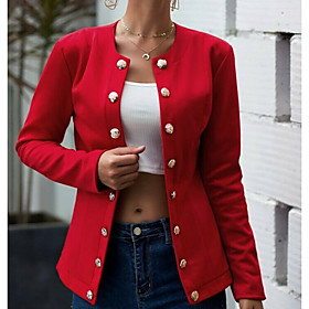 Women's Blazer Regular Fit Polyester Coat Stand Collar Tops Black / Red / Navy Blue