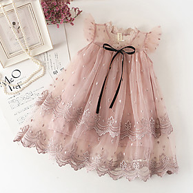 Toddler Little Girls' Dress Solid Colored Lace Blushing Pink Knee-length Sleeveless Cute Sweet Dresses Children's Day Regular Fit