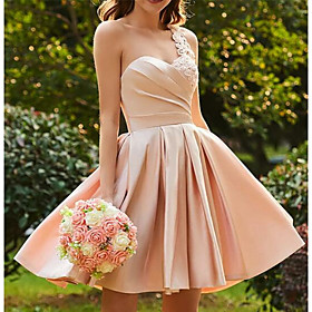 A-Line Hot Wedding Guest Cocktail Party Valentine's Day Dress One Shoulder Sleeveless Short / Mini Satin with Pleats Appliques 2021