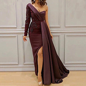 Sheath / Column Furcal Formal Evening Dress One Shoulder Long Sleeve Floor Length Lace Satin with Sash / Ribbon Split Front 2021