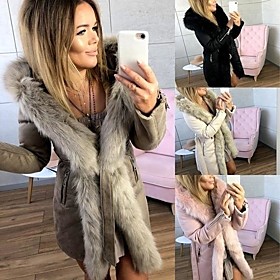 Women's Padded Solid Colored Fur Trim Basic Fall Winter Coat Hooded Long Coat Daily Long Sleeve Jacket Beige / Lined / Slim