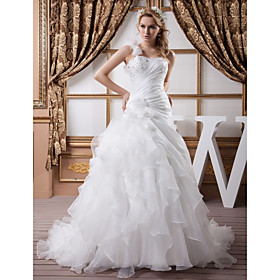 A-Line Wedding Dresses One Shoulder Chapel Train Organza Satin Spaghetti Strap with Ruched Beading Cascading Ruffles 2021