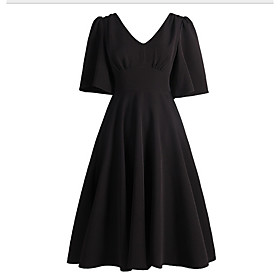 Women's Swing Dress Black Half Sleeve Solid Colored V Neck S M L XL