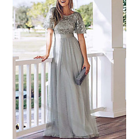 A-Line Empire Party Wear Prom Dress Jewel Neck Short Sleeve Floor Length Tulle with Appliques 2021