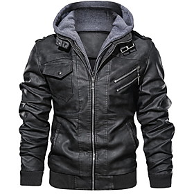 Men's Faux Leather Jacket Daily Regular Coat Hooded Regular Fit Jacket Long Sleeve Color Block Gray Black