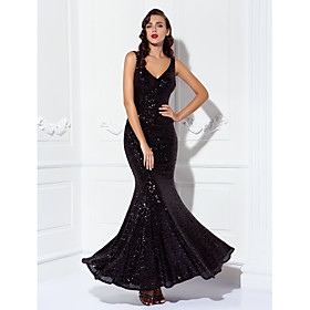 Sheath / Column Elegant Sparkle  Shine Prom Formal Evening Dress V Neck Sleeveless Floor Length Sequined with Sequin 2021