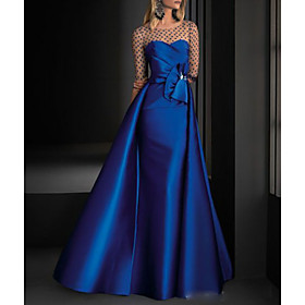 A-Line Vintage Engagement Formal Evening Dress Illusion Neck Half Sleeve Floor Length Satin with Crystals Overskirt 2021