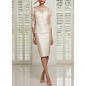 Sheath / Column Mother of the Bride Dress See Through Jewel Neck Knee Length Satin Tulle 3/4 Length Sleeve with Embroidery 2021