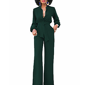 Women's Plus Size Streetwear Party Daily Wide Leg Black Red Green Jumpsuit Solid Colored Lantern Sleeve High Waist Cotton