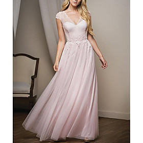 A-Line Plunging Neck Floor Length Lace / Tulle Bridesmaid Dress with Lace
