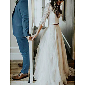 A-Line Wedding Dresses V Neck Sweep / Brush Train Tulle 3/4 Length Sleeve See-Through Illusion Detail with Lace Insert 2021