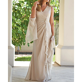 Sheath / Column Mother of the Bride Dress Elegant Plunging Neck Floor Length Chiffon Sleeveless with Ruffles Ruching 2021