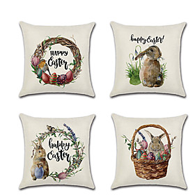 Happy Easter Set of 4 Linen Pillow Cover Holiday Cartoon Happy Rabbit Traditional Easter Throw Pillow