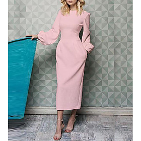 Sheath / Column Mother of the Bride Dress Elegant Jewel Neck Ankle Length Polyester Long Sleeve with Ruching 2021