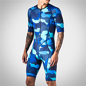21Grams Men's Short Sleeve Triathlon Tri Suit Spandex Blue Camo / Camouflage Bike UV Resistant Quick Dry Breathable Sports Camo / Camouflage Mountain Bike MTB