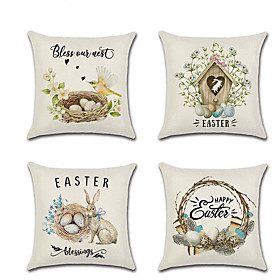 Happy Easter Set of 4 Linen Pillow Cover Easter Holiday Cartoon Traditional Happy Rabbit Throw Pillow 4545 cm