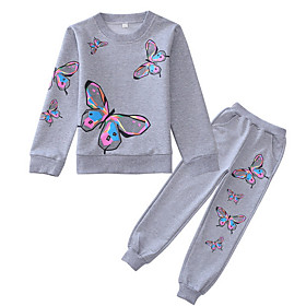 Kids Girls' Clothing Set Long Sleeve Blushing Pink Gray Geometric Basic