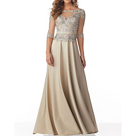 A-Line Sparkle Elegant Wedding Guest Formal Evening Dress Illusion Neck Half Sleeve Floor Length Chiffon with Pleats Beading Appliques 2021