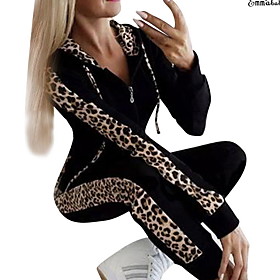 Women's Leopard Cheetah Print Indoor Two Piece Set Tracksuit Pant Jogger Pants Zipper Front Zip Tops