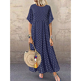 Women's Loose Maxi long Dress Blue Yellow Wine Half Sleeve Polka Dot Print Summer Round Neck Hot Casual 2021 L XL XXL 3XL 4XL 5XL