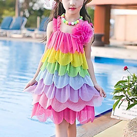 Kids Little Girls' Dress Red Rainbow Color Block Backless Layered Ruched Fuchsia Above Knee Sleeveless Cute Dresses Children's Day Slim